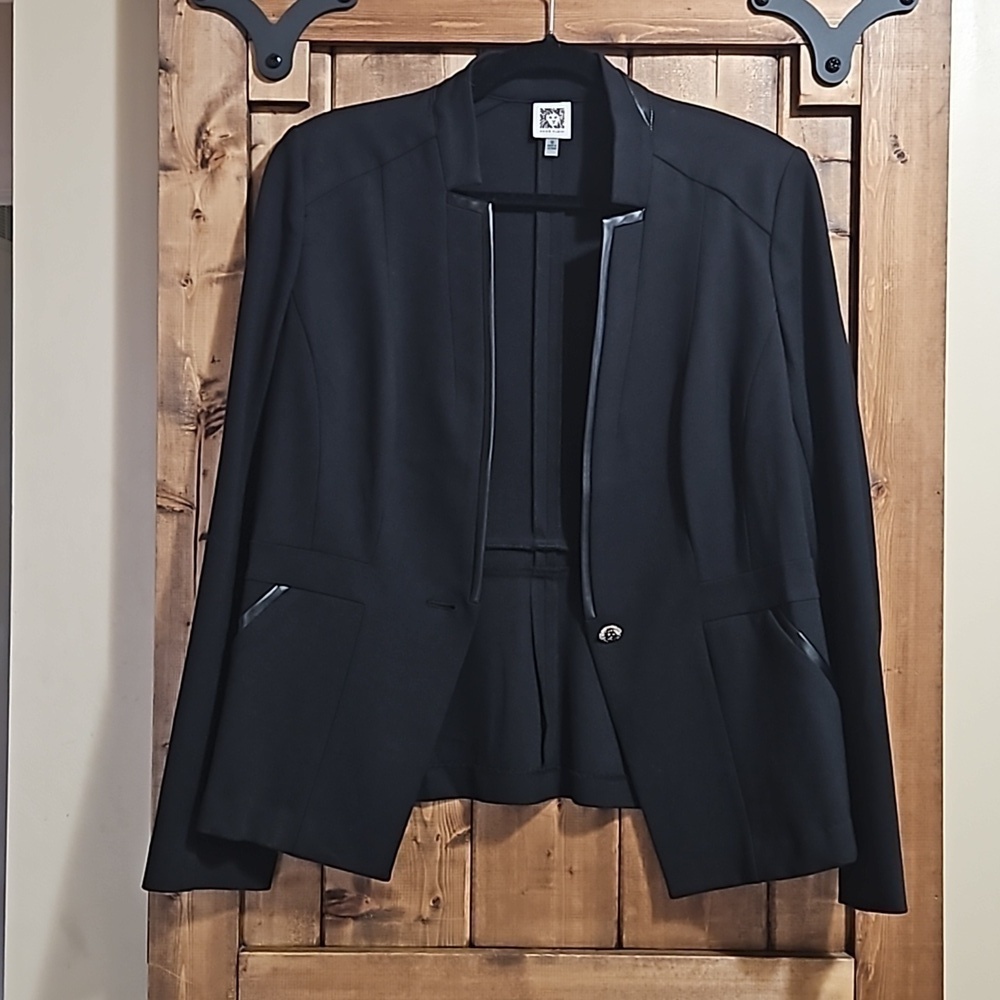 Anne Klein Black Knit Faux Leather Trim Stretch One Button Blazer Size M… - Picture 5 of 16